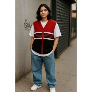 Vtg Old Glory Vest Womens L Red Black White Stripe Zip Front Patriotic 90s Y2K